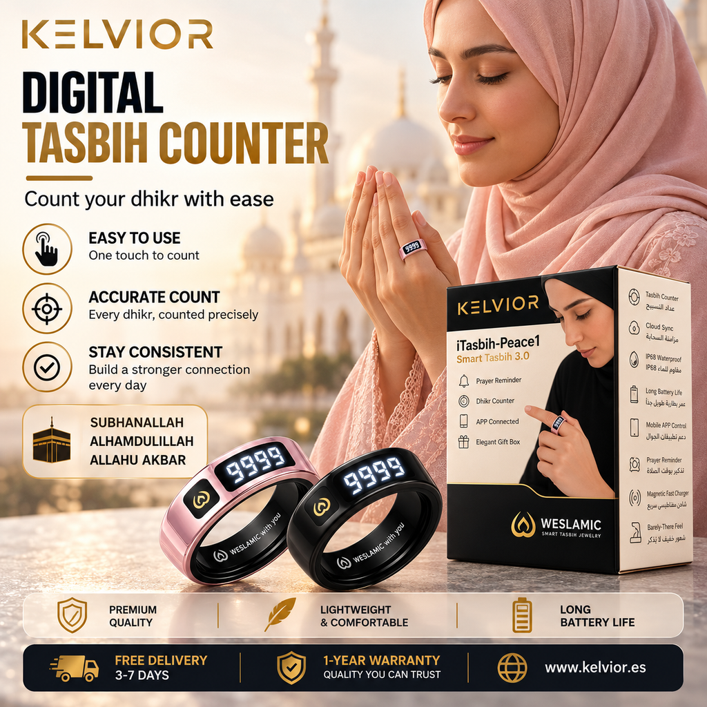 Kelvior Smart Zikr Ring infographic – digital tasbih counter, count your dhikr with ease