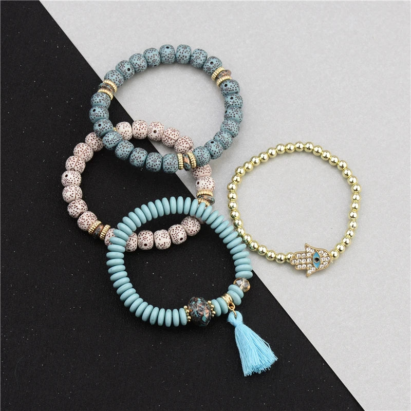 Set 4 Pulseras Bohemias Piedra Natural