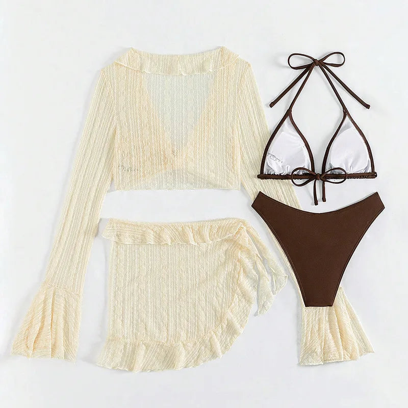 Traje de Baño Sexy de Cuatro Piezas para Mujer 2026, Traje de Baño de Manga Larga, Bikini Sólido de Verano, Ropa de Playa Brasileña, Traje de Baño para Fiesta