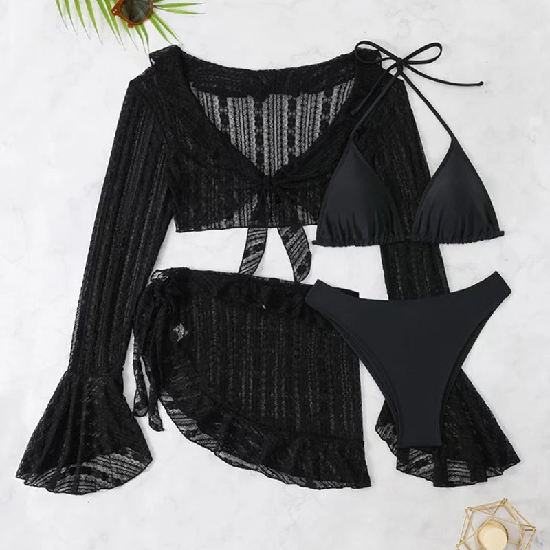Traje de Baño Sexy de Cuatro Piezas para Mujer 2026, Traje de Baño de Manga Larga, Bikini Sólido de Verano, Ropa de Playa Brasileña, Traje de Baño para Fiesta