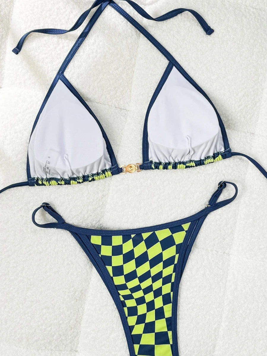 Traje de baño Sexy 2026, nuevo microbikini para mujer, traje de baño a cuadros con anillo dorado, traje de baño de dos piezas de pierna alta, ropa de playa con tiras, Bikini
