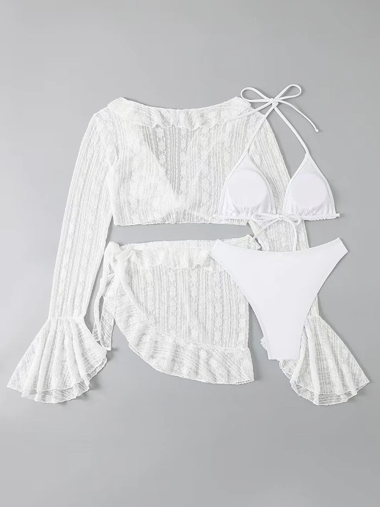 Traje de Baño Sexy de Cuatro Piezas para Mujer 2026, Traje de Baño de Manga Larga, Bikini Sólido de Verano, Ropa de Playa Brasileña, Traje de Baño para Fiesta