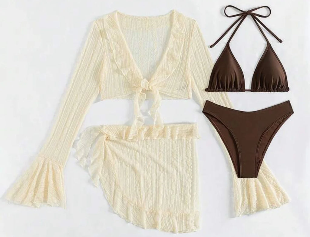 Traje de Baño Sexy de Cuatro Piezas para Mujer 2026, Traje de Baño de Manga Larga, Bikini Sólido de Verano, Ropa de Playa Brasileña, Traje de Baño para Fiesta