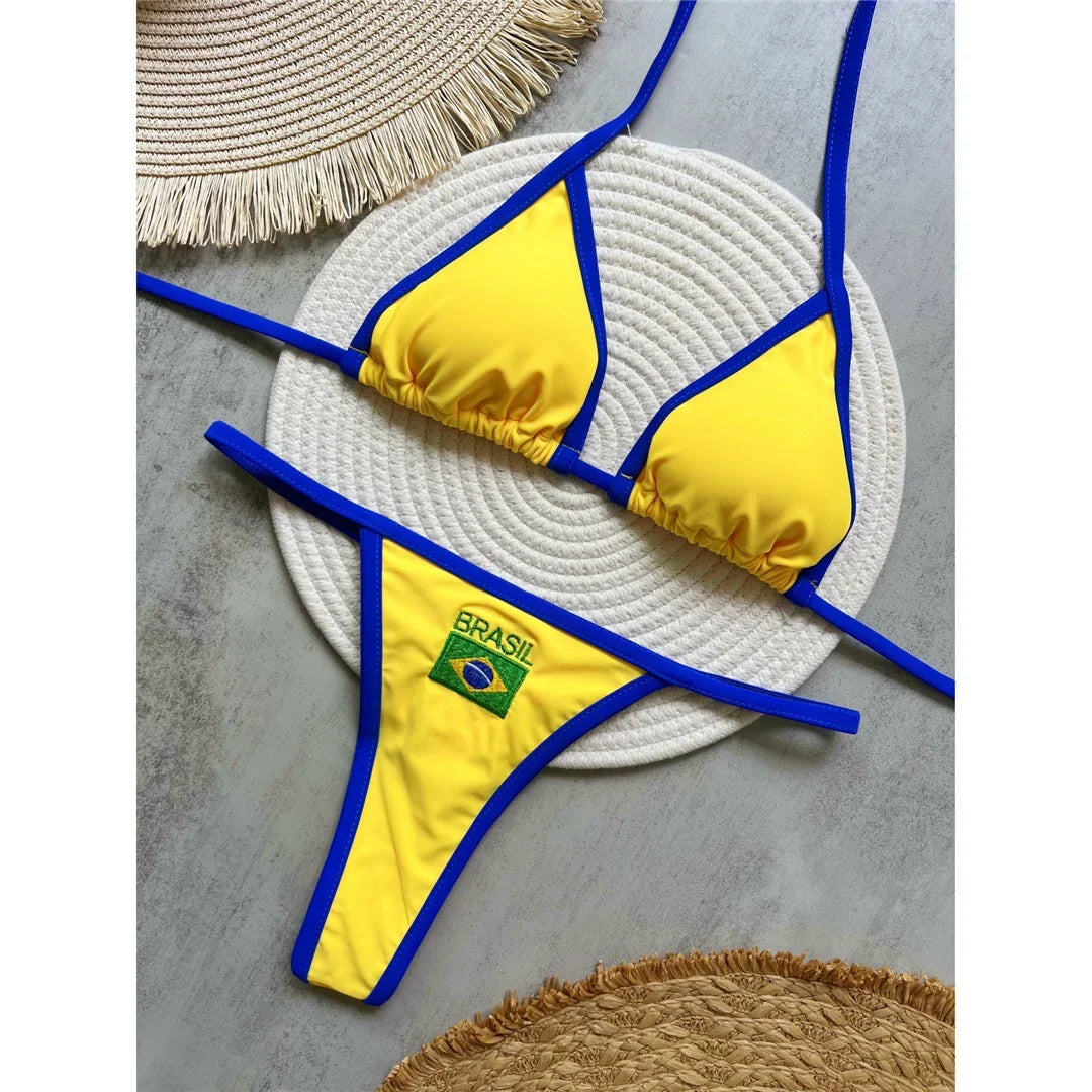 Conjunto de Bikini de Dos Piezas con Bandera Brasileña 2027, Traje de Baño Sexy con Tanga para Mujer, para Playa, Piscina y Vacaciones
