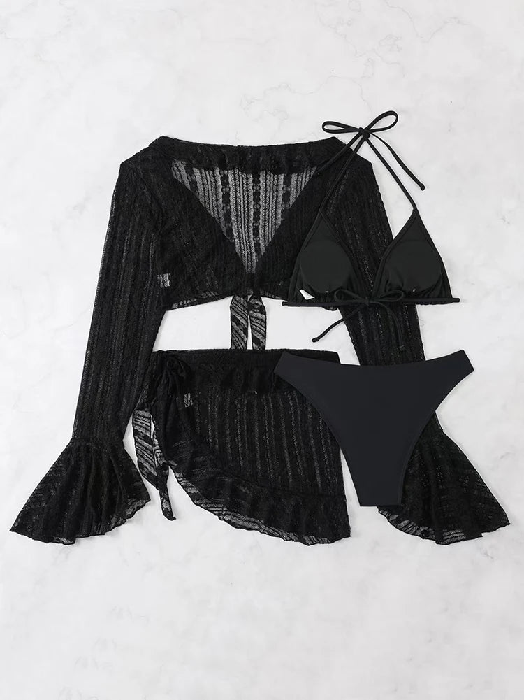 Traje de Baño Sexy de Cuatro Piezas para Mujer 2026, Traje de Baño de Manga Larga, Bikini Sólido de Verano, Ropa de Playa Brasileña, Traje de Baño para Fiesta