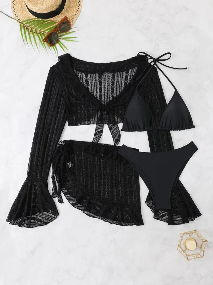 Traje de Baño Sexy de Cuatro Piezas para Mujer 2026, Traje de Baño de Manga Larga, Bikini Sólido de Verano, Ropa de Playa Brasileña, Traje de Baño para Fiesta