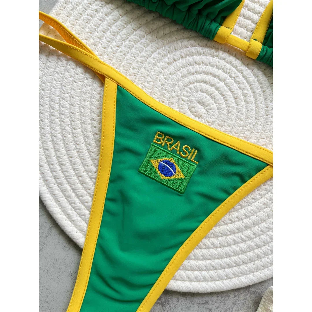 Conjunto de Bikini de Dos Piezas con Bandera Brasileña 2027, Traje de Baño Sexy con Tanga para Mujer, para Playa, Piscina y Vacaciones