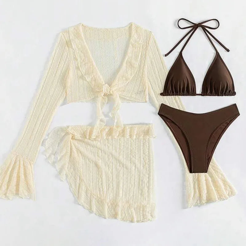 Traje de Baño Sexy de Cuatro Piezas para Mujer 2026, Traje de Baño de Manga Larga, Bikini Sólido de Verano, Ropa de Playa Brasileña, Traje de Baño para Fiesta