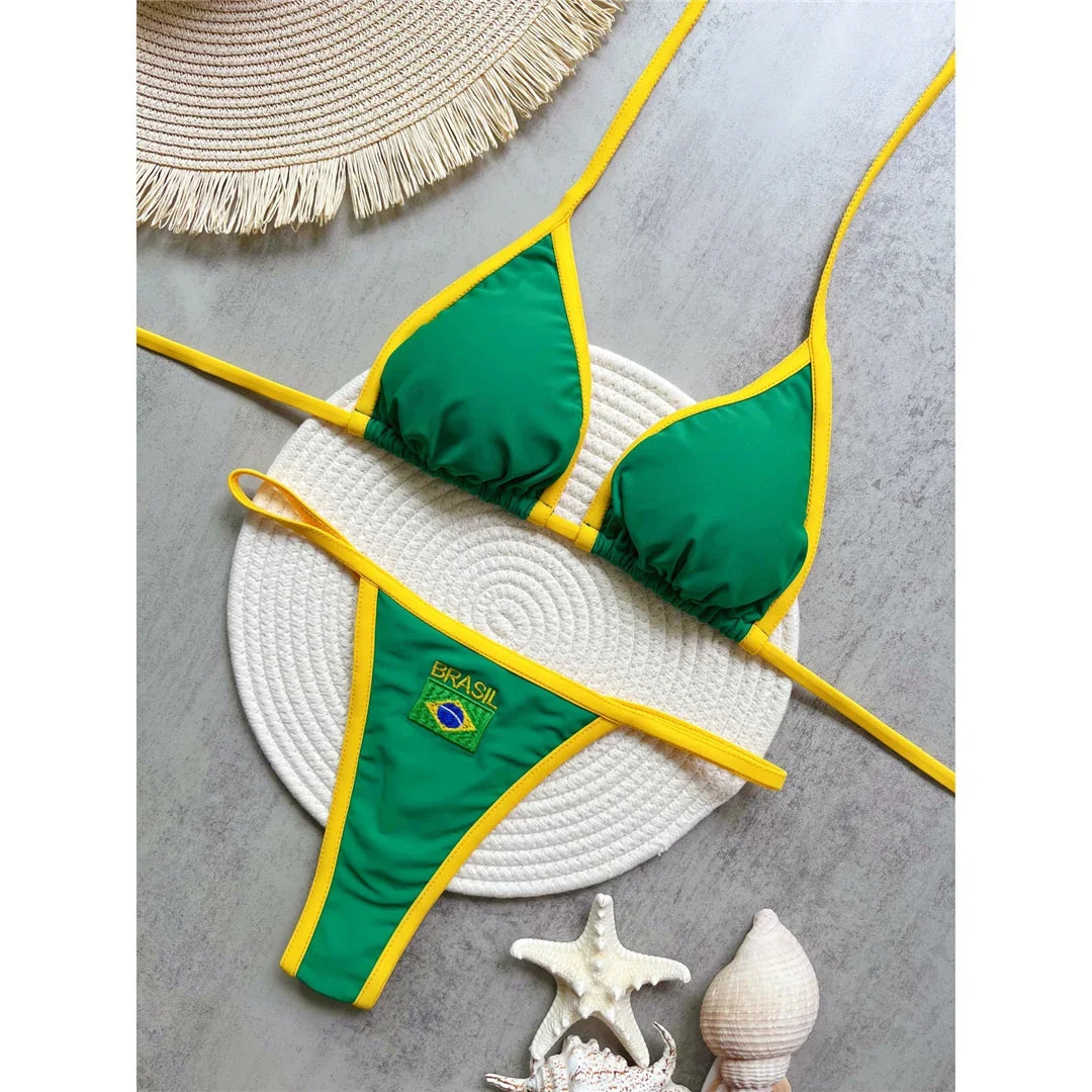 Conjunto de Bikini de Dos Piezas con Bandera Brasileña 2027, Traje de Baño Sexy con Tanga para Mujer, para Playa, Piscina y Vacaciones