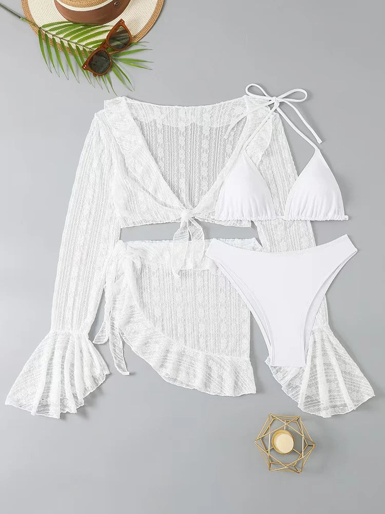 Traje de Baño Sexy de Cuatro Piezas para Mujer 2026, Traje de Baño de Manga Larga, Bikini Sólido de Verano, Ropa de Playa Brasileña, Traje de Baño para Fiesta