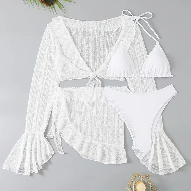 Traje de Baño Sexy de Cuatro Piezas para Mujer 2026, Traje de Baño de Manga Larga, Bikini Sólido de Verano, Ropa de Playa Brasileña, Traje de Baño para Fiesta