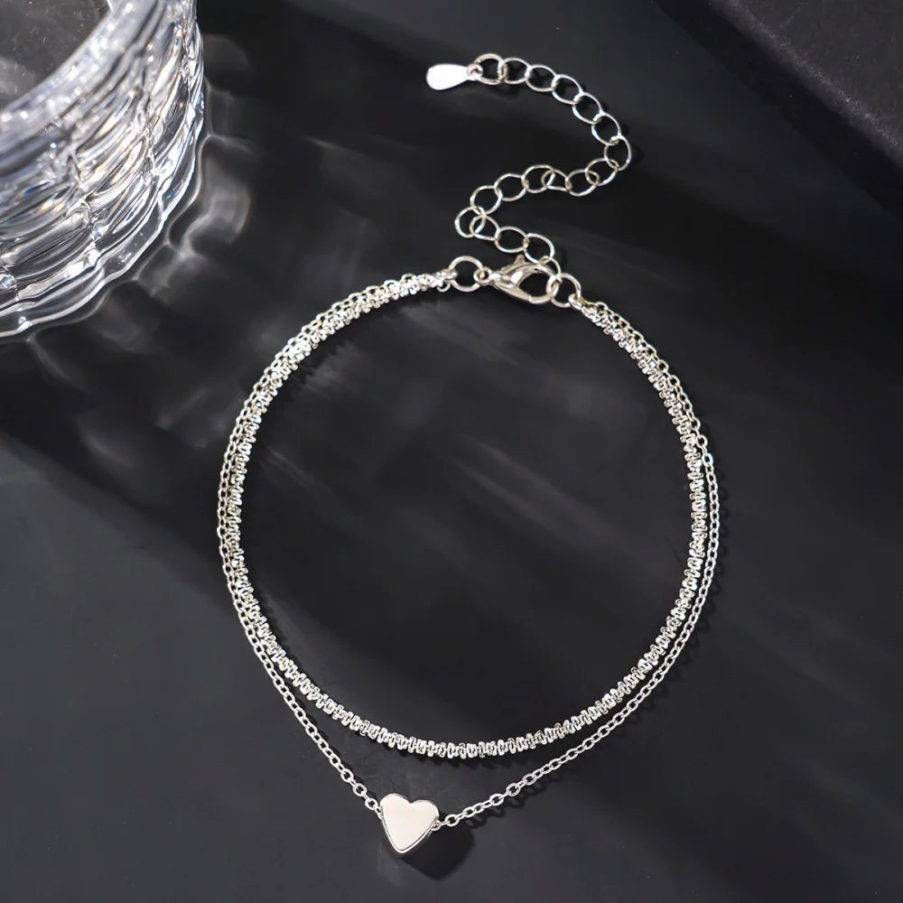Tobillera Doble Capa Plata 925 | Dije Corazón