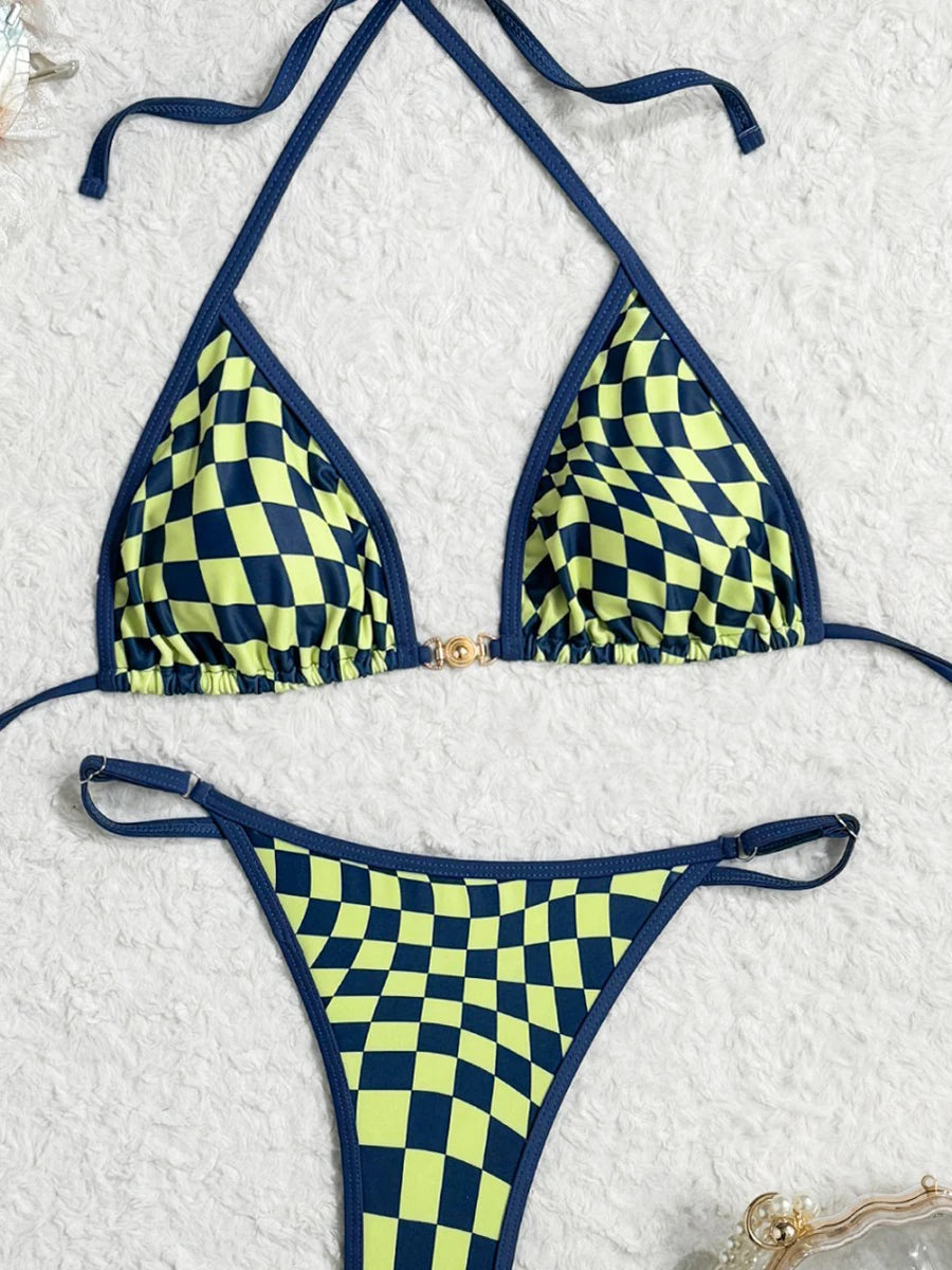 Traje de baño Sexy 2026, nuevo microbikini para mujer, traje de baño a cuadros con anillo dorado, traje de baño de dos piezas de pierna alta, ropa de playa con tiras, Bikini