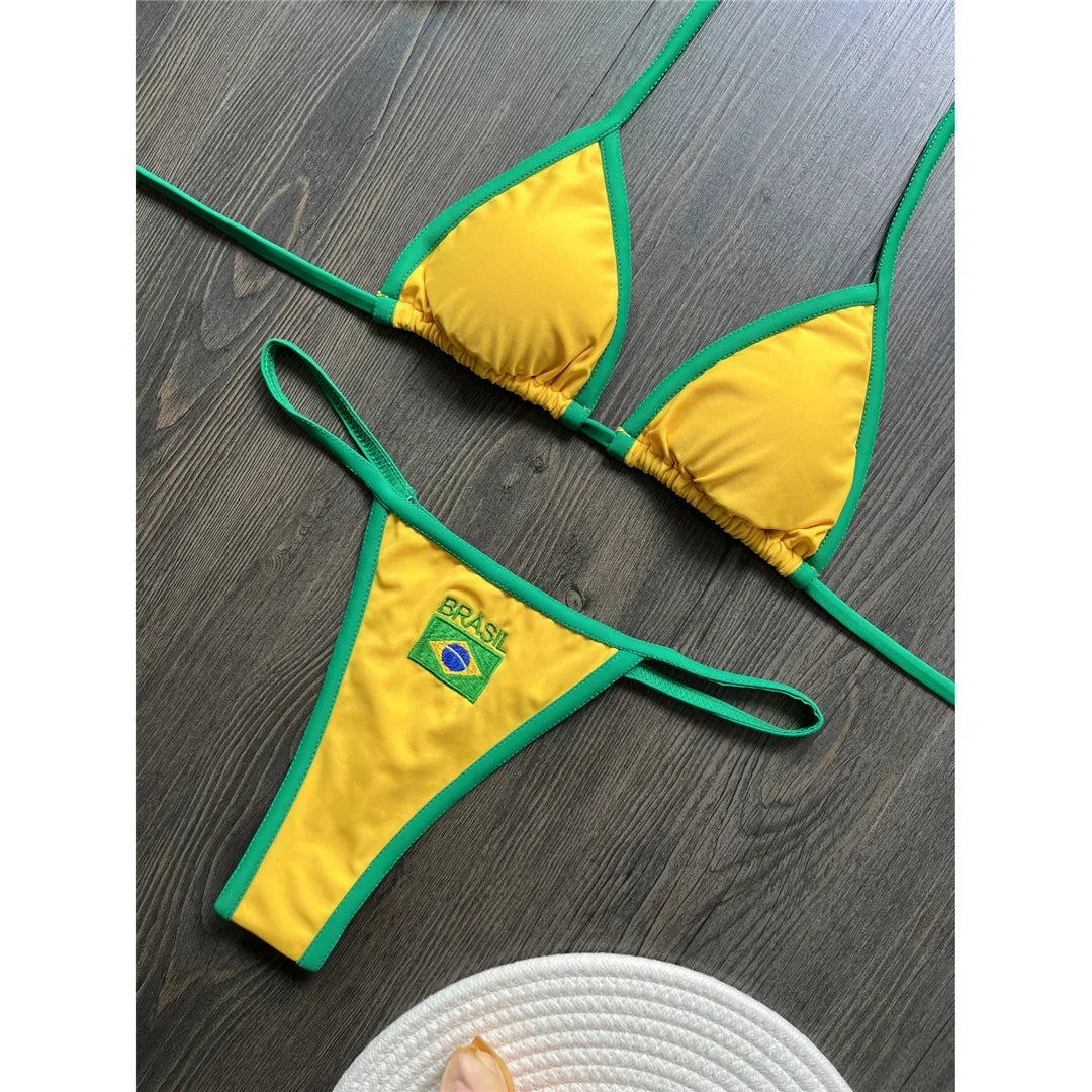 Conjunto de Bikini de Dos Piezas con Bandera Brasileña 2027, Traje de Baño Sexy con Tanga para Mujer, para Playa, Piscina y Vacaciones