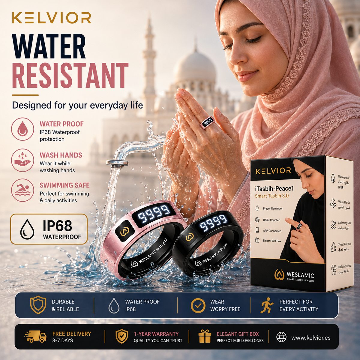 Kelvior Smart Zikr Ring infographic – IP68 water-resistant design